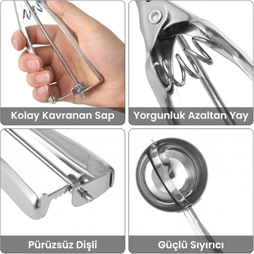 Paslanmaz Çelik Dondurma Kaşığı, 5 cm, 180° Sıyırıcı Mekanizma, Yaylı Sap, Kurabiye ve Meyve Porsiyonlama için - Görsel 3