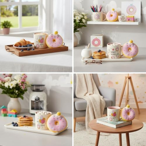 Donut Peluş Anahtarlıklı Porselen Kupa - Sürpriz 4 Farklı Modelden Biri - Hediyelik Sevimli Kupa Bardak ve Yumuşak Anahtarlık Seti (Asorti/Karışık 1 Adet) - Görsel 3