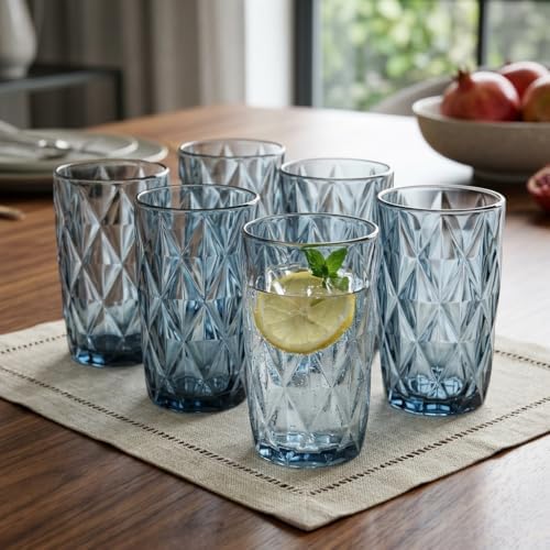 6'lı Mavi Cam Bardak Seti - Vintage Kabartma Desenli Su, Meşrubat ve Kokteyl Bardağı Takımı (400 ml)