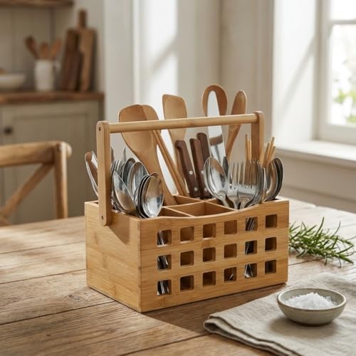 4 Bölmeli Saplı Doğal Bambu Çatal Bıçak Sepeti - Çok Amaçlı Masaüstü Organizer Mutfak Düzenleyici ve Kalemlik Standı (23x15 cm) - Görsel 3