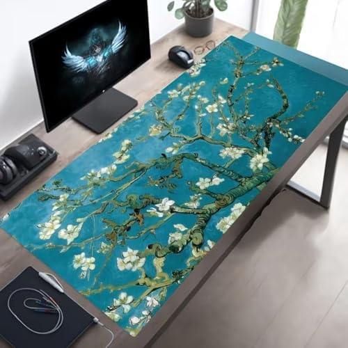 Van Gogh Desenli Büyük Masa Pedi 90x40 cm 3 mm Kaymaz Tabanlı Desk Mat Kumaş Mouse Pad Klavye ve Mouse İçin Geniş Yüzey Ev Ofis Gaming Açık Yeşil - Görsel 3