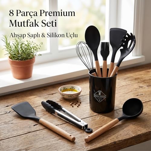 Alternative view of 8 Parça Premium Mutfak Seti, Ahşap Saplı ve Silikon Uçlu, Siyah, Kepçe, Spatula, Çırpıcı, Fırça, Maşa Dahil