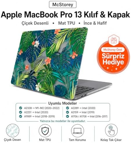 MacBook Pro 13 Çiçek Desenli Kılıf A1706 A1708 A1989 A2159 A2251 A2289 A2338 M1 M2 Uyumlu TPU Sert Kılıf İnce Hafif Koruyucu Kapak Açık Yeşil - Görsel 3