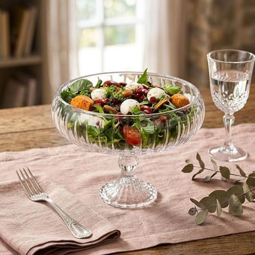 Linea Şeffaf Cam Ayaklı Sunum Çanağı - Dekoratif Küçük Salata Kasesi ve Çerezlik (20x15,5 cm)