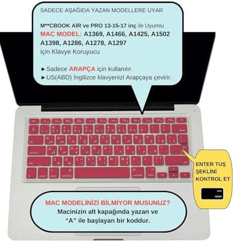 Arapça Silikon Klavye Koruyucu Apple MacBook Air 13 & Pro 13/15 ile Uyumlu | US Düz Enter Amerikan Layout | A1278 A1502 A1425 A1369 A1466 A1286 A1398 Açık Pembe - Görsel 3