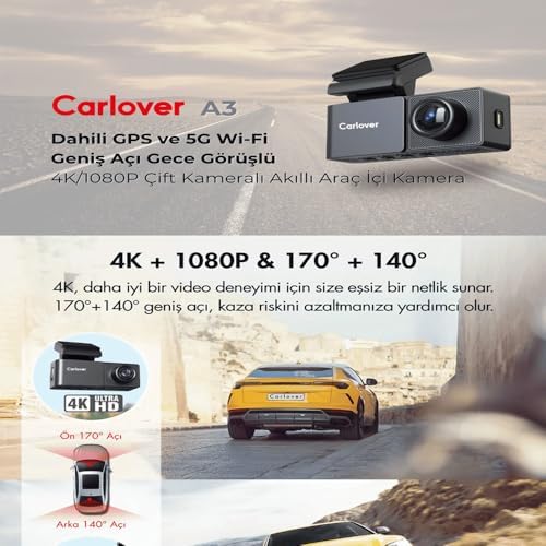 Carlover A3 4K Wifi Dahili Gps Araç Kamerası (Ön + Arka Kamera) - Görsel 3
