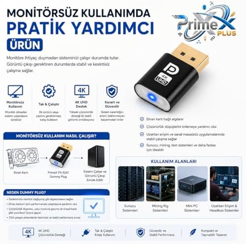PX-5261 DisplayPort 4K UHD Display Dummy Plug, DP Sanal Monitör Adaptörü, Ekran Kartı Emülatörü, Headless Display Emulator, Bitcoin Mining ve Uzaktan Erişim İçin - Görsel 2
