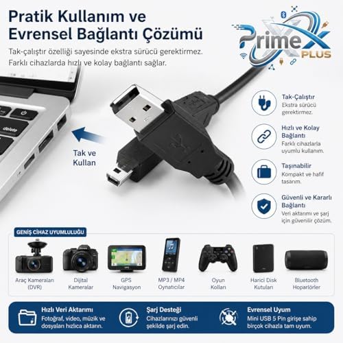 PX-5P15 1.5 Metre 5 Pin USB Kablo, Mini Usb Kablo, USB AM/Mini 5pin Kablo, PS3 Kol Şarj kablosu - Görsel 3