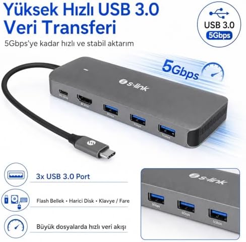 SWV-USBC036 6'sı 1 Arada USB-C Hub, HDMI 4K, USB 3.0, PD 3.0 Hızlı Şarj, USB-C 3.1 M.2 SSD Okuyucu, Metal Gövde Type-C Çoklayıcı Adaptör, Laptop ve MacBook Uyumlu