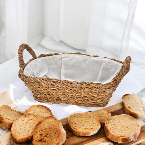El Yapımı Doğal Hasır Kulplu Çok Amaçlı Dekoratif Dikdörtgen Sepet, Hasır Kulplu Ekmek Sepeti (27x18x8cm) - Görsel 3
