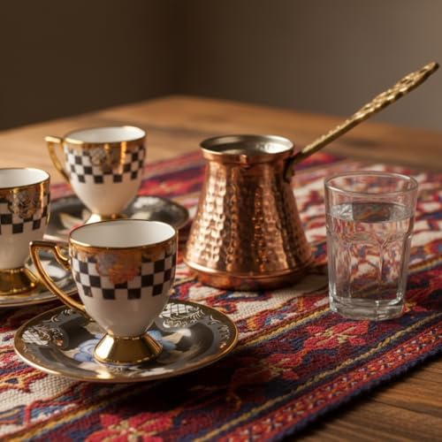 Alternative view of 6 Kişilik Ayaklı Porselen Türk Kahvesi Fincan Takımı - Siyah Beyaz Damalı ve Gold Varaklı, Renkli Çiçek Desenli Tabaklı 12 Parça Lüks Sunum Seti
