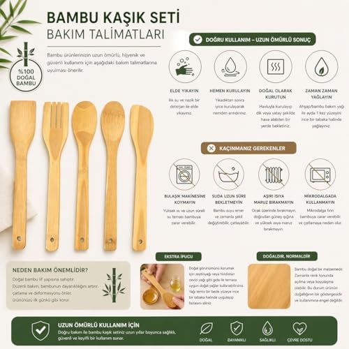 Alternative view of 5 Parça Bambu Mutfak Kaşık Seti –%100 Doğal, Çizilmeye Karşı Korumalı, Isıya Dayanıklı, Hafif, Ergonomik, Tencere ve Tavalar ile Uyumlu, Sağlıklı ve Çevre Dostu Premium Set