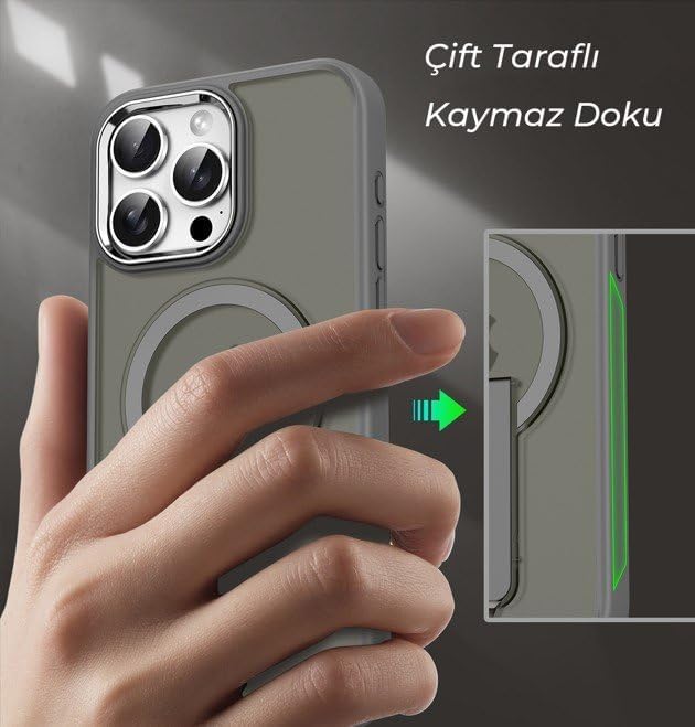 & AKSESUAR iPhone 16 Pro için Magsafe ile Uyumlu Arkası Mat Yapıya Metal Kamera Çerçeveli Ultra Güçlendirilmiş Açılır Stantlı Tork Kılıf (Gri)