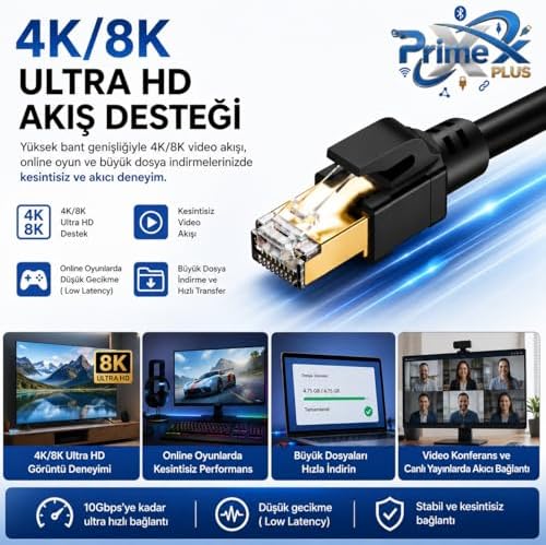 PX-5212 2 Metre Cat8 Ethernet Kablosu, 10Gbps Yüksek Hızlı RJ45 Ağ Kablosu, S/FTP 600MHz Gaming Modem Router Switch Patch İnternet Kablosu - Görsel 3
