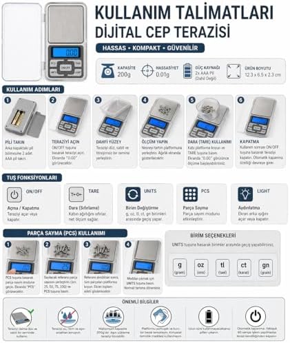 Dijital Hassas Cep Terazisi 0.01g Hassasiyet 200g Kapasiteli Mini Kuyumcu Terazisi Gram Altın Tartı Baharat Tartı Laboratuvar Terazisi LCD Ekranlı Taşınabilir Hassas Tartı PCS Tare Fonksiyonlu Prof