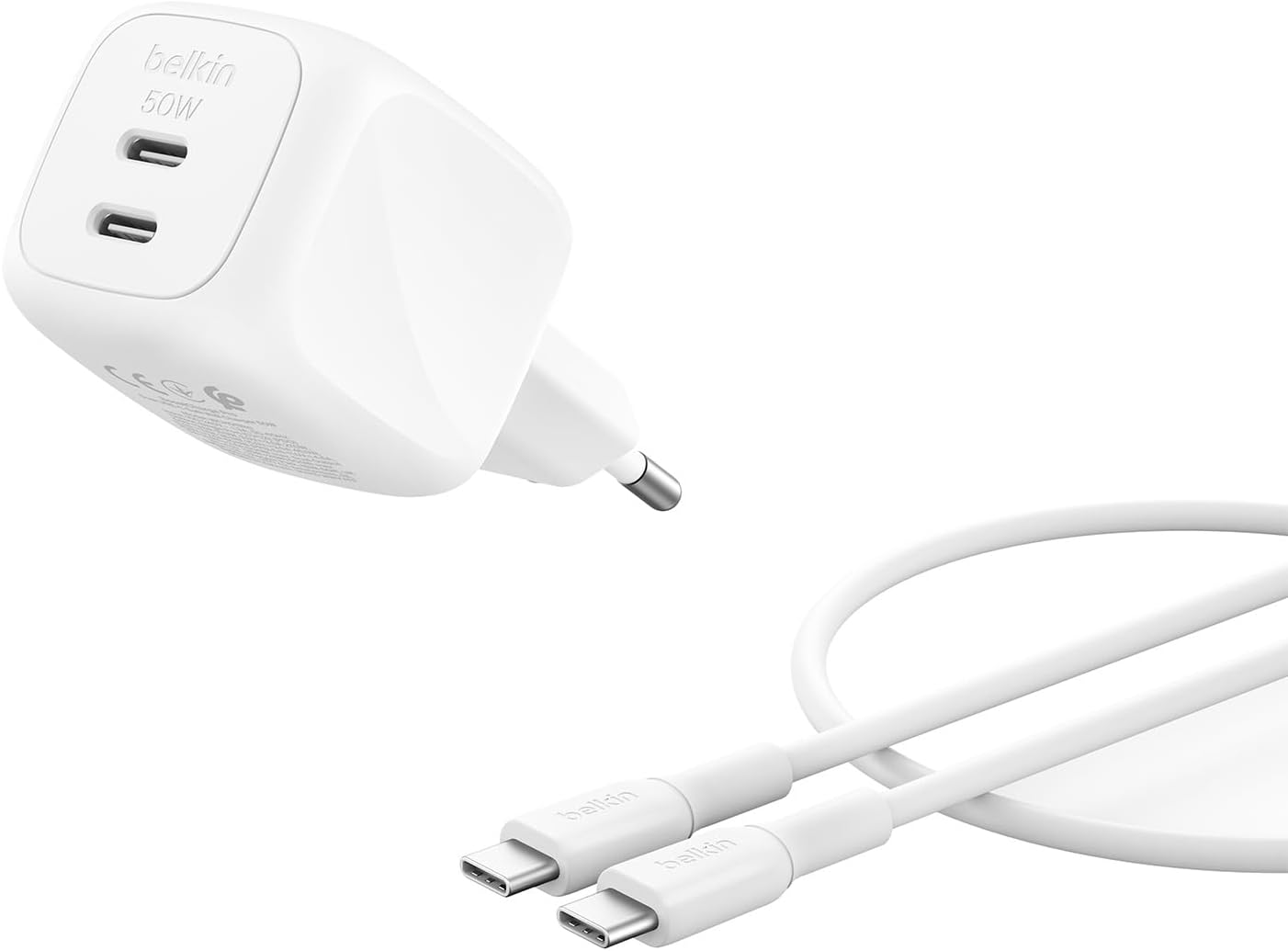 Alternative view of SmartProtect 2 Portlu USB-C Şarj Cihazı 50 W, Çift Portlu GaN Şarj Cihazı, 1 m USB-C Kablo Dahil, MacBook, iPhone 17, iPad Pro, Chromebook, Galaxy S25 Ultra ve Pixel 10 için Hızlı Şarj, Beyaz