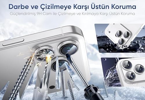 iPhone 16 Pro Max Uyumlu Kamera Lens Koruyucu, 9H Temperli Cam Metal Çerçeve Koruma Halkası, Safir HD Berraklık (Gümüş Renk, 3'lü Set)