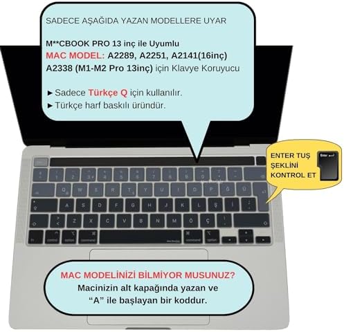Alternative view of MacBook Pro Türkçe Q Klavye Koruyucu A2338 M1/M2 A2251 A2289 A2141 Uyumlu Silikon Keyboard Cover Touch Bar 13 inç 16 inç Siyah Gri