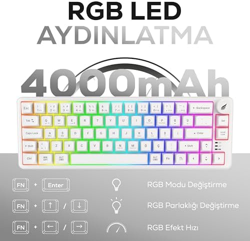 Hawk Gaming HK251 Membrane RGB Kablosuz/Bluetooth%65 Türkçe Gaming Klavye (Beyaz)