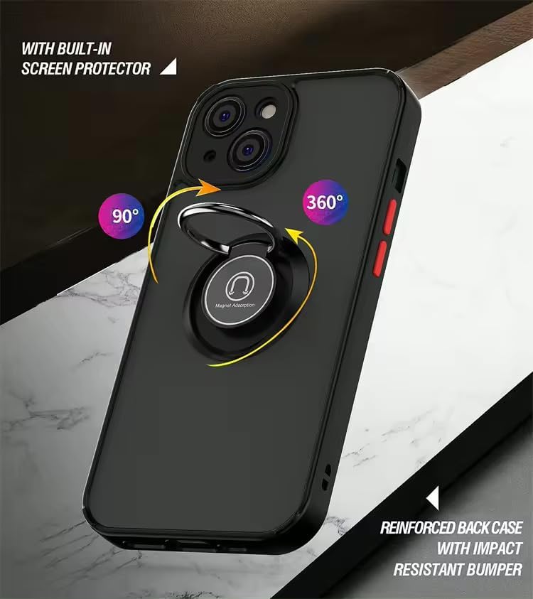 & AKSESUAR iPhone 15 Plus ile Uyumlu Arka Kısmı Mat Şeffaf Yapıya Sahip Manyetik Yüzük Stantlı Kenarları Silikon Tpu Malzemeden Üretilmiş Renkli Tuşlara Kamera Korumalı Transparan Kılıf