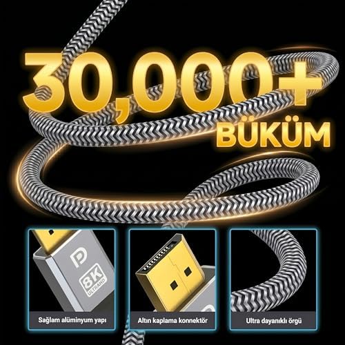 8K DisplayPort Kablosu DP 1.4 (3 METRE) - 8K 60Hz / 4K 144Hz / 2K 165Hz - HDR10, 3D, Ses+Görüntü - Alüminyum Gövdeli ve Örgülü Gaming Monitör Kablosu