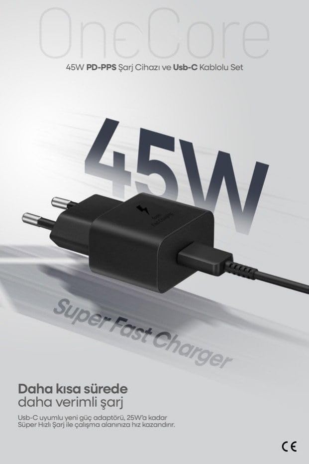 45W USB-C PD-Pps Super Hız Şarj Adaptörü ve 1m 5A Type-C to Type-C Kablo Siyah (3 Yıl Garantili)