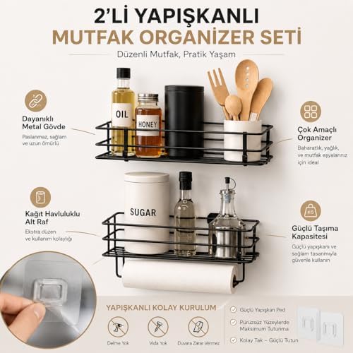 Alper Banyo 2’li Yapışkanlı Siyah Mutfak Organizer Seti, Metal Baharatlık ve Yağlık Raf, Kağıt Havluluklu Alt Raf, Delmeden Kolay Kurulumlu Mutfak Düzenleyici - Görsel 3