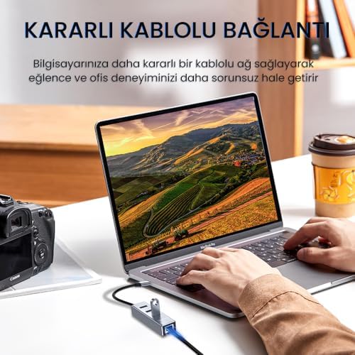 USB Type-C to 100Mbps Ethernet Çevirici ve 3 Portlu USB Hub Çoklayıcı - Görsel 3