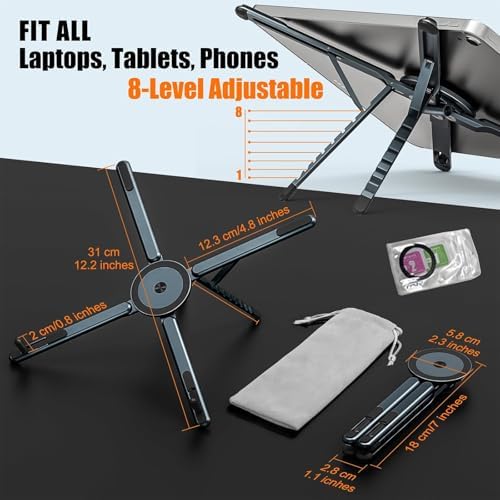 Masa için dizüstü bilgisayar standı, ayarlanabilir alüminyum alaşım manyetik katlanabilir telefon standı, 8 kademeli yüksekliği ayarlanabilir dizüstü bilgisayar standı, telefon, tablet ve