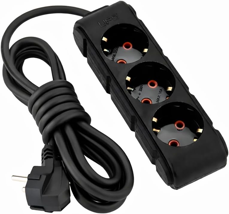 3lü 3 metre Kablolu Topraklı Grup Priz, 16A 250V, Üçlü Uzatma Kablosu Siyah Renk - Görsel 3