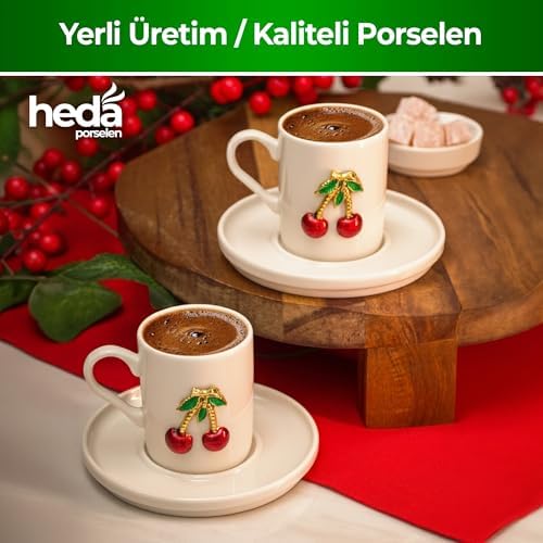 Heda Porselen Kiraz İşlemeli 4 Parça 2 Kişilik Porselen Kahve Fincan Takımı – Şık Desenli Türk Kahvesi Seti - Görsel 2
