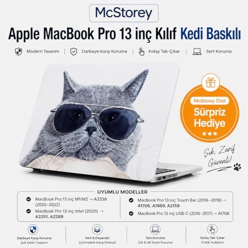 Alternative view of MacBook Pro 13 Kedi Desenli Kılıf A1706 A1708 A1989 A2159 A2251 A2289 A2338 M1 M2 Uyumlu TPU Sert Kılıf İnce Hafif Koruyucu Kapak Gri