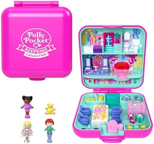 Polly Pocket Mattel 80. Yıl Dönümüne Özel Nostaljik Kompakt Oyun Seti, biri etek giyen 3 bebek, 1 evcil hayvan ve kutlama temalı mobilyalarla kompakt ev, JGK22 - Görsel 3
