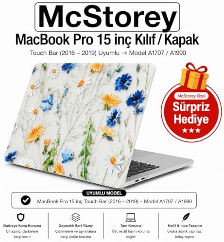 Alternative view of MacBook Pro 15 Çiçek Desenli Kılıf A1707 A1990 Uyumlu Baskılı Sert Kılıf İnce Hafif Koruyucu Kapak Sarı