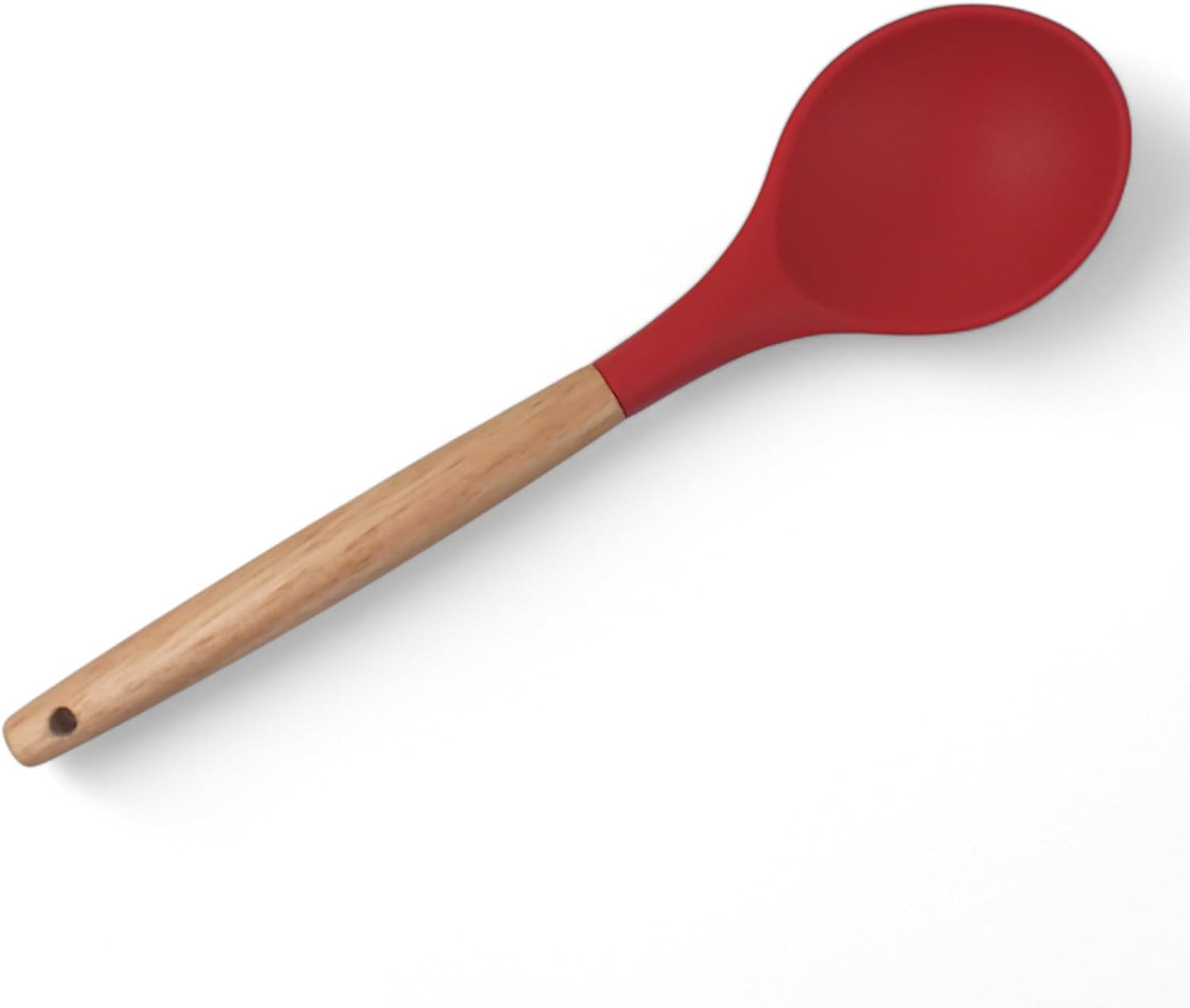 Bambu Saplı Silikon Servis Kaşığı, Bambu Uzun Silikon Servi Kaşığı 28cm 3 Renk Seçenekli, Yemeklerinizi Servis Etmek İçin Silikon Servis Kaşığı (KIRMIZI)
