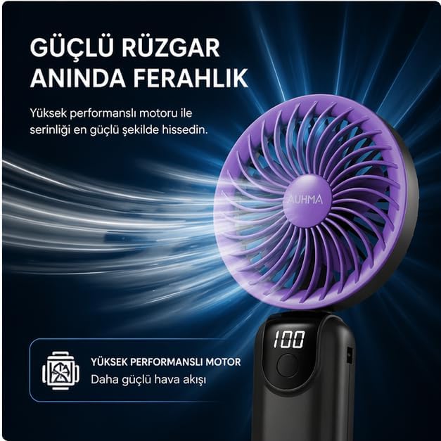 Alternative view of Auhma AUFN19 5 Kademeli Güçlü El Fanı Mini Fan – Şarjlı Taşınabilir Mini Vantilatör, Dijital Ekranlı, Sessiz Çalışma, Uzun Pil Ömrü, Masaüstü & El Tipi Kullanım (Beyaz)