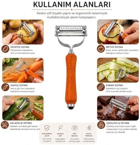 Çift Bıçaklı Ahşap Saplı Soyacak - Çift Bıçaklı Ahşap Saplı Sebze ve Meyve Soyacak – Paslanmaz Çelik Ultra Keskin Tırtıklı & Düz Bıçaklı, Ergonomik Kaymaz Sap, Patates Havuç Kabak Elma - Görsel 2