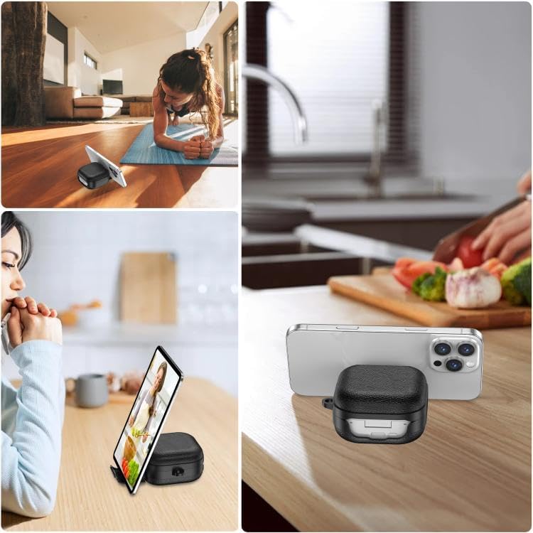 [Leather-Texture]  Galaxy Buds4 Pro/Buds 4 için Kılıf [Fonksiyonel Stant/Güvenlik Kilidi Tasarımlı] Galaxy Buds4 Kulaklık Kılıfı Deri Görünümlü  Buds 4 Pro Kılıf (Siyah)