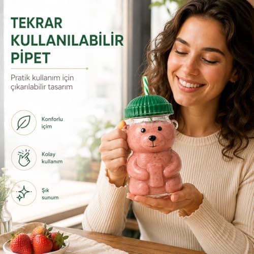 Alternative view of SOGUD Cam Bardak - 580 ml Pipetli Soğuk İçecek Bardağı - Borosilikat Cam Kupa - Ayıcıklı Figürlü Barista Kahve Bardağı - Smoothie Limonata Ice Tea Kokteyl ve Meyve Suyu İçin Yazlık Sunum(Asorti Renk)