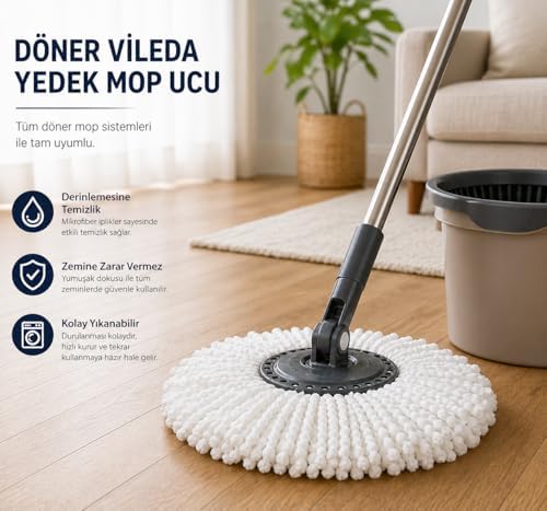 Alternative view of Döner  Yedek Mop Ucu Mikrofiber Temizlik Bezi 35 cm Tüm Modellerle Uyumlu  Başlığı Döner Mop Bezi Yedek Parça Kolay Tak Çıkar Spın Püskülü