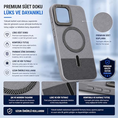 Alternative view of Ehr. iPhone 15 ile Uyumlu Magsafe Wireless Şarj Özellikli Mat Süet Deri Nakışlı İçi Kadife Silikon Arka Kapak (Gri, iPhone 15)