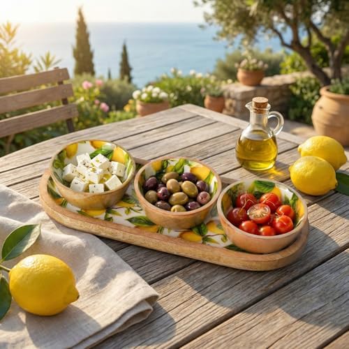 Mango Ağacı Standlı 3'lü Kase Seti - İçi Emaye Kaplama Doğal Ahşap Çerezlik ve Sosluk - 30 cm Sunum Tepsili Dekoratif Set (LİMON DESEN) - Görsel 3