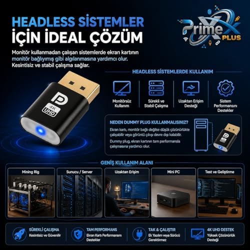 PX-5261 DisplayPort 4K UHD Display Dummy Plug, DP Sanal Monitör Adaptörü, Ekran Kartı Emülatörü, Headless Display Emulator, Bitcoin Mining ve Uzaktan Erişim İçin - Görsel 3