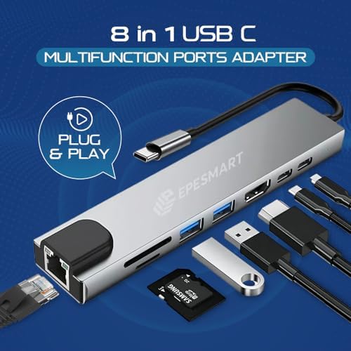 8 Portları 1 Arada USB C Hub Adaptörü, 4K HDMI, Şarj Cihazı, USB C Bağlantı Noktaları, SD/Micro SD Kart Okuyucular, Ethernet Bağlantı Noktası, M1 ve M2 Mac Bilgisayarlar için, Thunderbolt 3