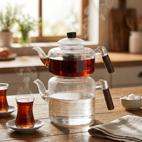 Alternative view of Akasya Cam Çaydanlık Takımı 1800 ml + 950 ml - Ahşap Kulplu Isıya Dayanıklı Borosilikat Şeffaf Çaydanlık