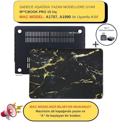 MacBook Pro 15 Mermer Desenli Kılıf A1707 A1990 Uyumlu İnce Hafif Sert Kapak Koruyucu Kılıf Siyah - Görsel 2