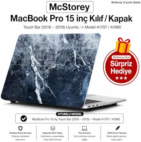 MacBook Pro 15 Mermer Desenli Kılıf A1707 A1990 Uyumlu Baskılı Sert Kılıf İnce Hafif Koruyucu Kapak Mavi - Görsel 2