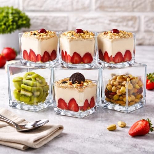 Cam Servis Kasesi Seti, Şeffaf, Kare Şekilli, Çok Amaçlı, Tatlı Sunum Kabı, Atıştırmalık ve Meyve İçin - Görsel 3