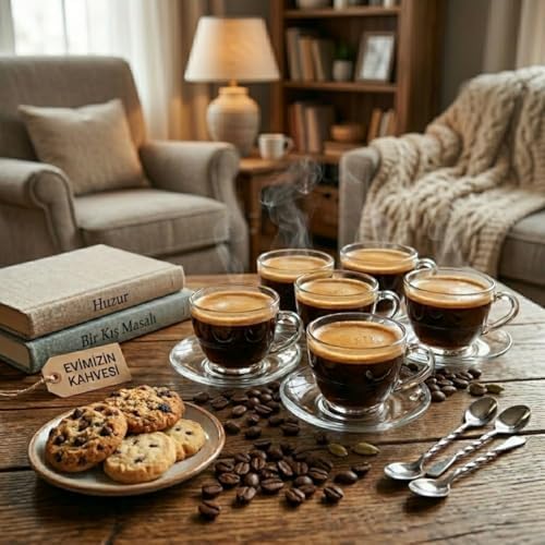 6 Kişilik Şeffaf Cam Kahve Fincan Takımı - 12 Parça Modern Espresso ve Türk Kahvesi Seti - Isıya Dayanıklı Cam Fincan ve Tabak Seti - Görsel 3