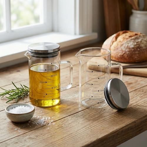 2'li Set Paslanmaz Çelik Kapaklı Borosilikat Cam Yağdanlık ve Ölçü Kabı - 350ml - Isıya Dayanıklı Damlatmaz Sosluk, Sütlük ve Mutfak Hazırlık Sürahisi - Şeffaf Modern Tasarım - Görsel 3